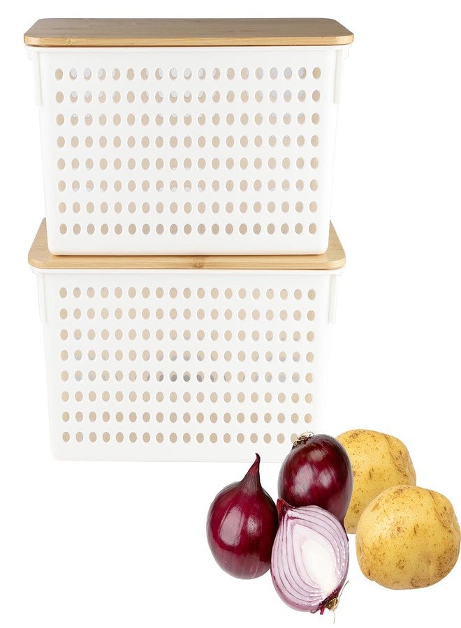 Xbopetda 2 Set Pantry Organizer and Storage, Plastic Potato and Onion Storage with Wooden Lid, Stackable Potato Storage Onion Holder, Kitchen Pantry Baskets for Onion Potato Fruit Produce Vegetable - Image 1